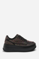 Caia Black Wedge Lace Up trainer with Black diamante Detail