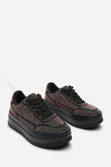 Caia Black Wedge Lace Up trainer with Black diamante Detail