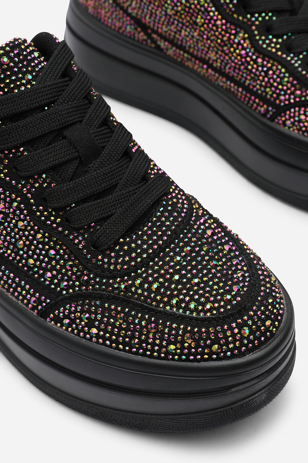 Caia Black Wedge Lace Up trainer with Black diamante Detail