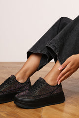 Caia Black Wedge Lace Up trainer with Black diamante Detail