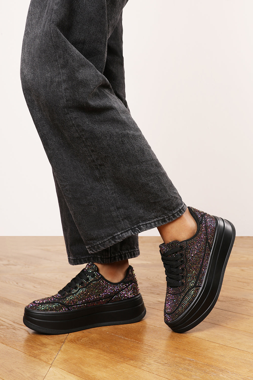 Caia Black Wedge Lace Up trainer with Black diamante Detail