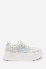 Caia White Wedge Lace Up trainer with Silver diamante Detail