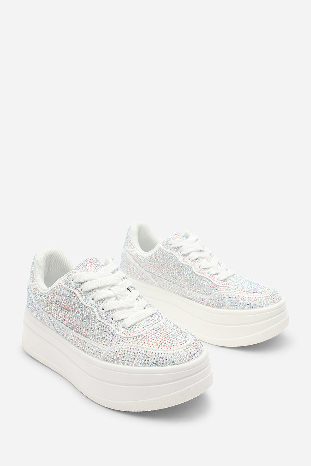 Caia White Wedge Lace Up trainer with Silver diamante Detail