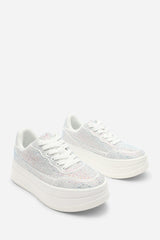 Caia White Wedge Lace Up trainer with Silver diamante Detail