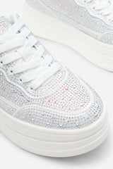 Caia White Wedge Lace Up trainer with Silver diamante Detail