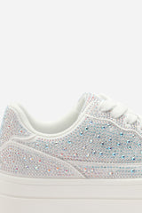Caia White Wedge Lace Up trainer with Silver diamante Detail