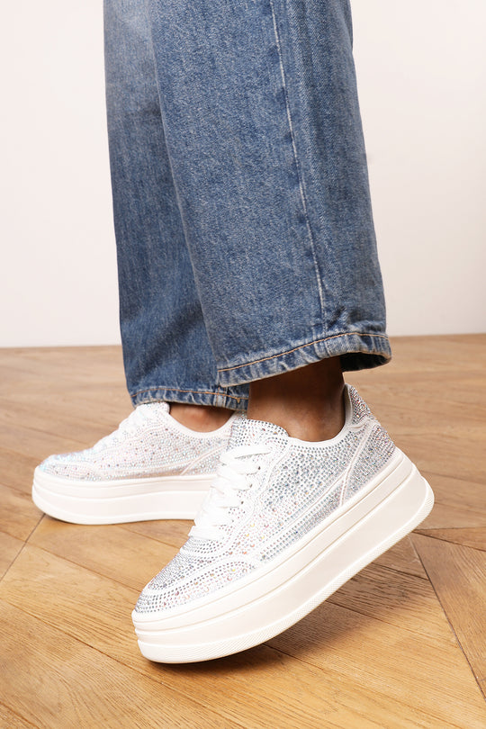 Caia White Wedge Lace Up trainer with Silver diamante Detail