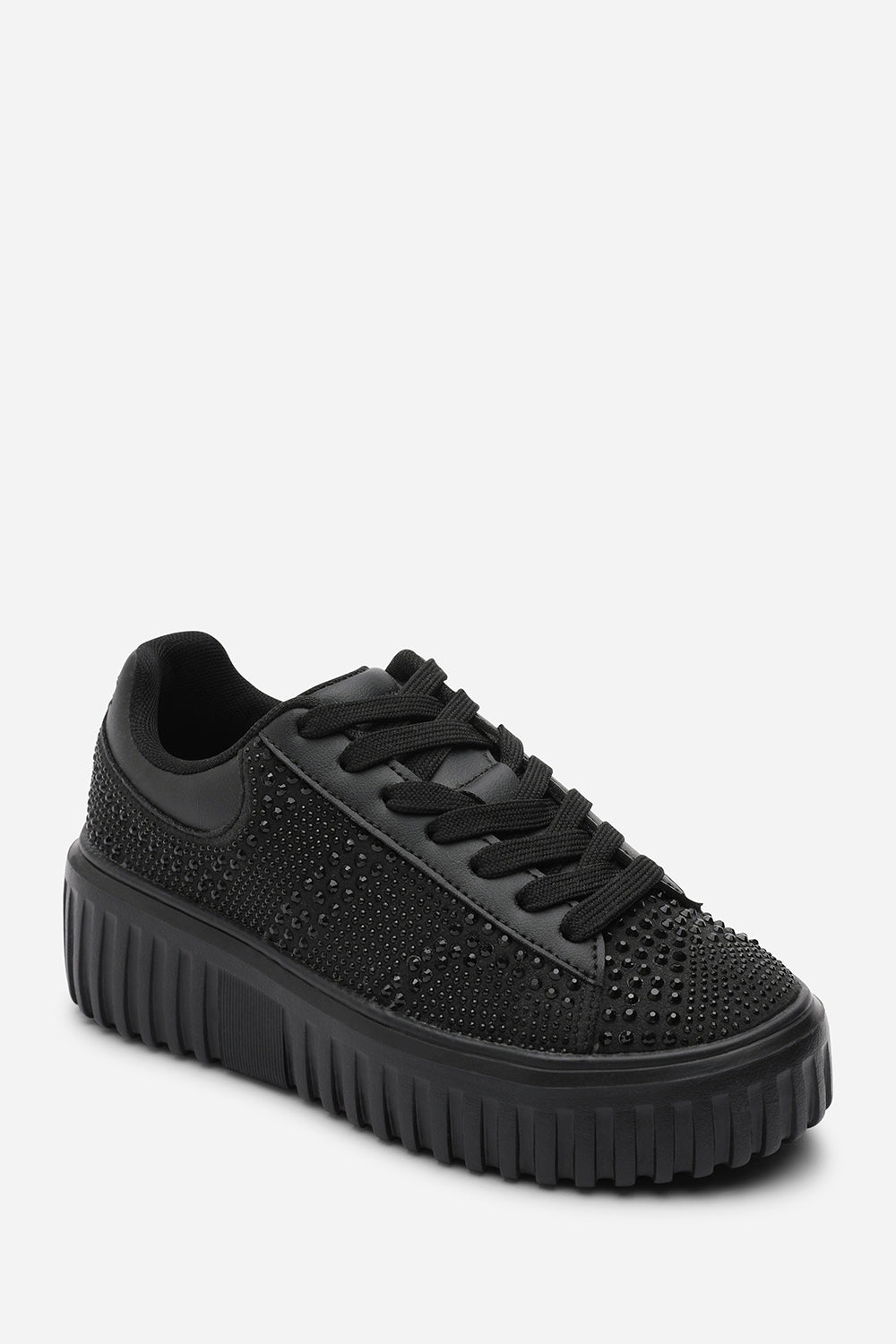 Darcia Black Lace Up Trainer with Diamante pattern and chunky sole
