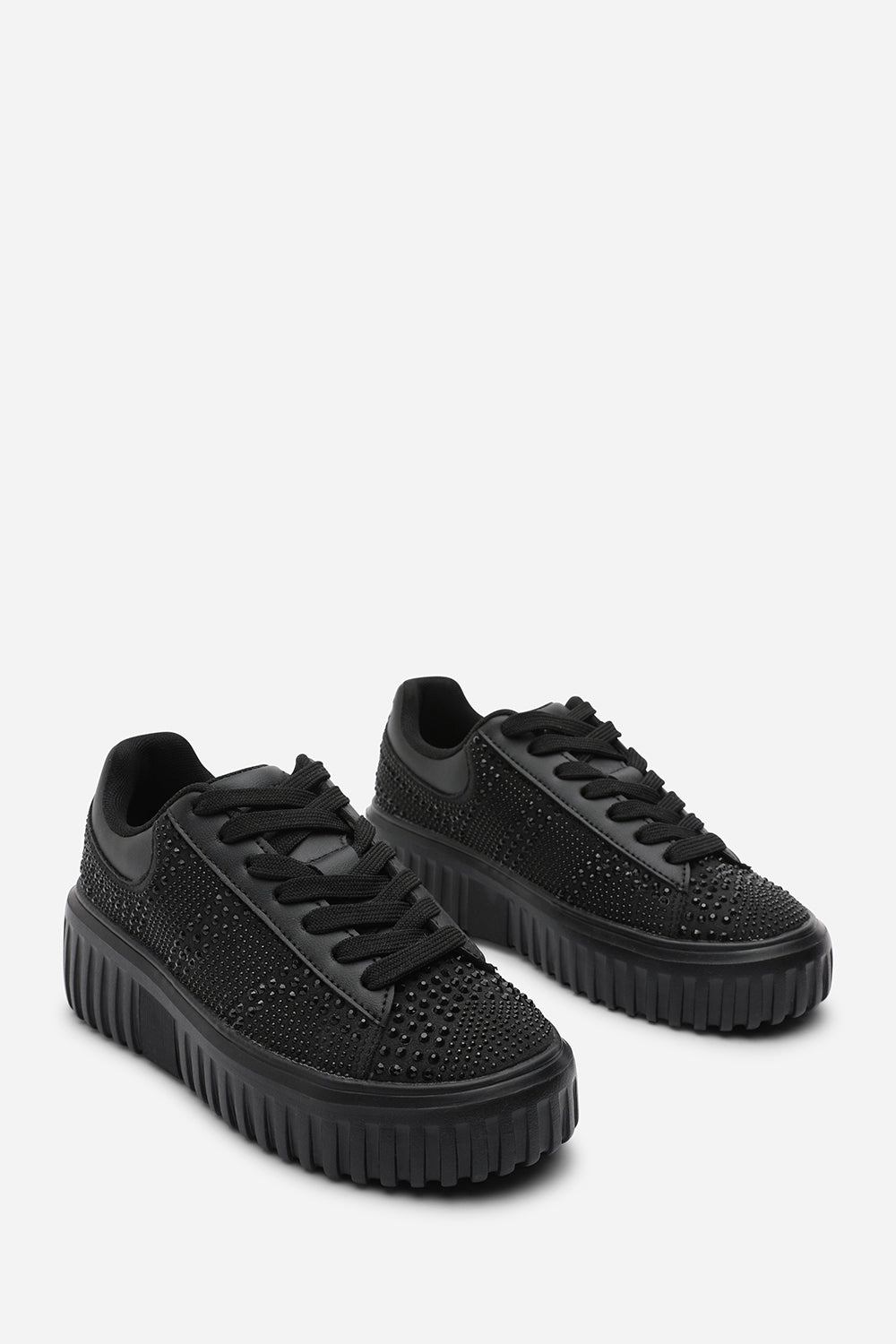Darcia Black Lace Up Trainer with Diamante pattern and chunky sole