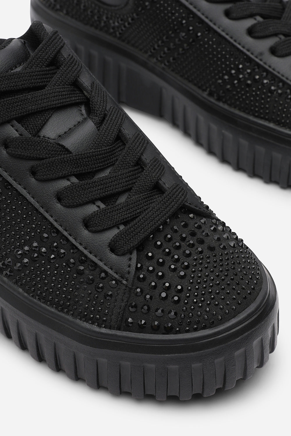 Darcia Black Lace Up Trainer with Diamante pattern and chunky sole