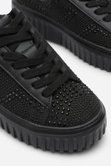 Darcia Black Lace Up Trainer with Diamante pattern and chunky sole