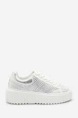 Darcia White and Silver Lace Up Trainer with Diamante pattern and chunky sole