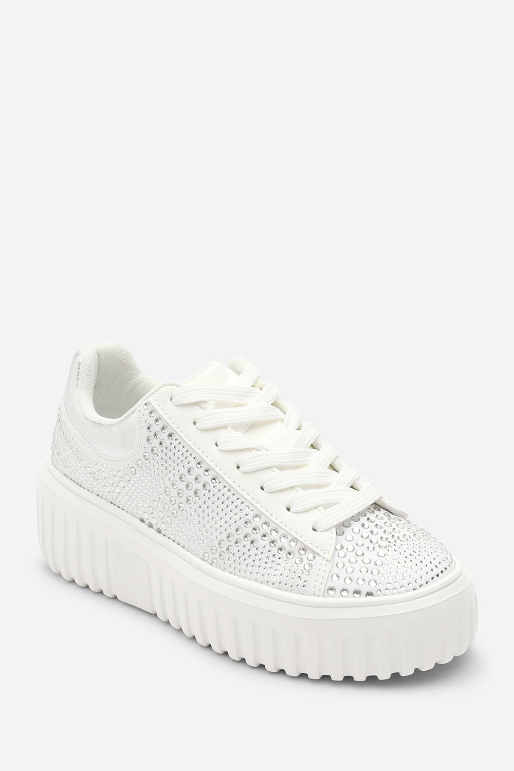 Darcia White and Silver Lace Up Trainer with Diamante pattern and chunky sole