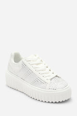 Darcia White and Silver Lace Up Trainer with Diamante pattern and chunky sole