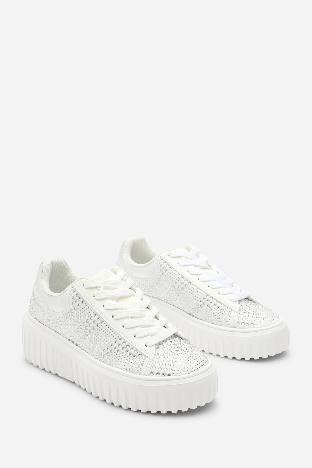 Darcia White and Silver Lace Up Trainer with Diamante pattern and chunky sole