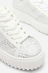 Darcia White and Silver Lace Up Trainer with Diamante pattern and chunky sole