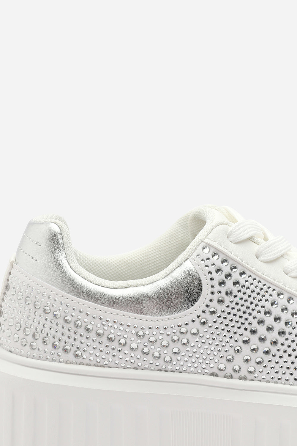 Darcia White and Silver Lace Up Trainer with Diamante pattern and chunky sole