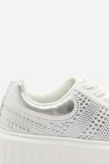 Darcia White and Silver Lace Up Trainer with Diamante pattern and chunky sole