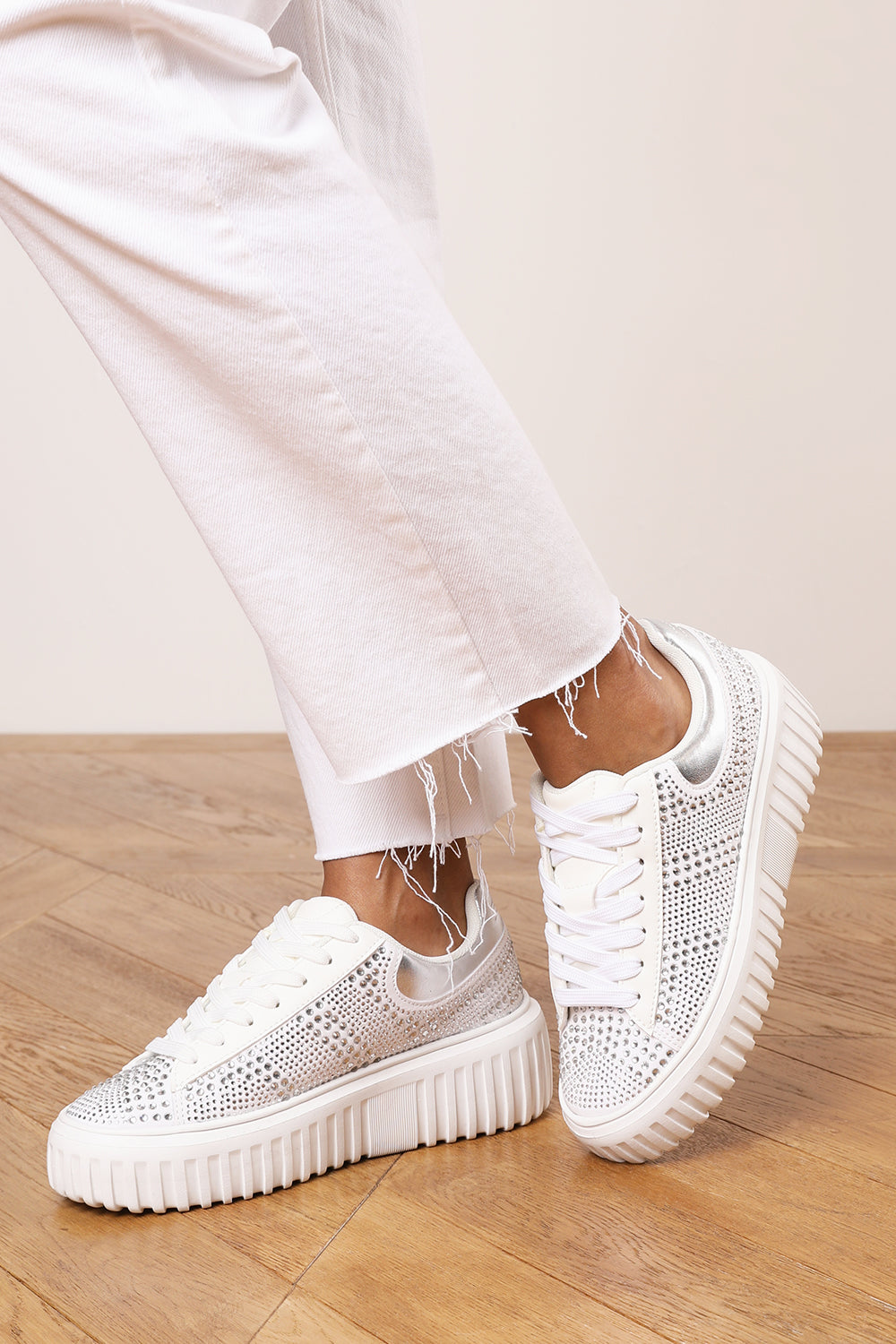 Darcia White and Silver Lace Up Trainer with Diamante pattern and chunky sole