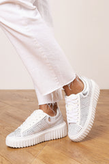 Darcia White and Silver Lace Up Trainer with Diamante pattern and chunky sole