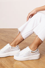Darcia White and Silver Lace Up Trainer with Diamante pattern and chunky sole