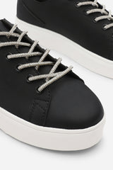 Eliane Black Low Wedge Trainer with Silver Lace up detail