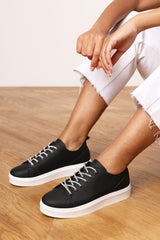 Eliane Black Low Wedge Trainer with Silver Lace up detail
