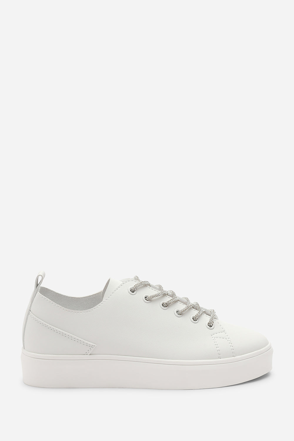 Eliane White Low Wedge Trainer with Silver Lace up detail