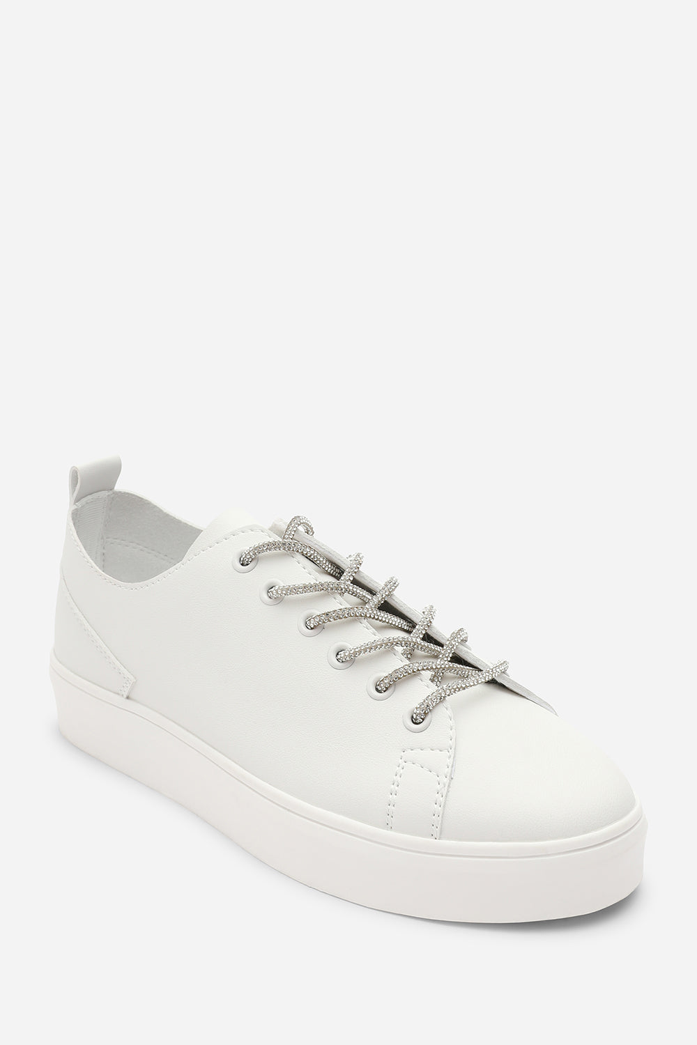 Eliane White Low Wedge Trainer with Silver Lace up detail