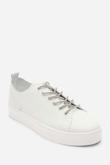 Eliane White Low Wedge Trainer with Silver Lace up detail
