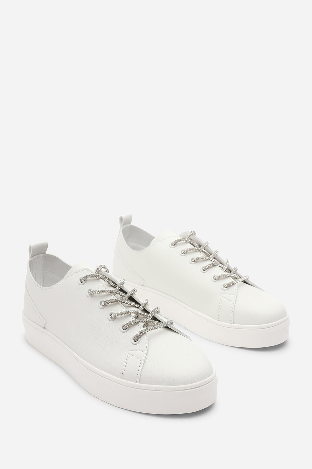 Eliane White Low Wedge Trainer with Silver Lace up detail