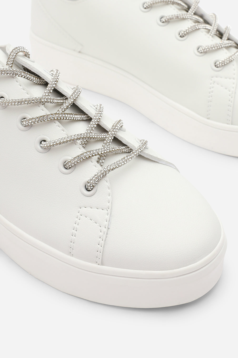Eliane White Low Wedge Trainer with Silver Lace up detail