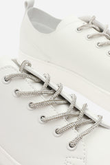 Eliane White Low Wedge Trainer with Silver Lace up detail