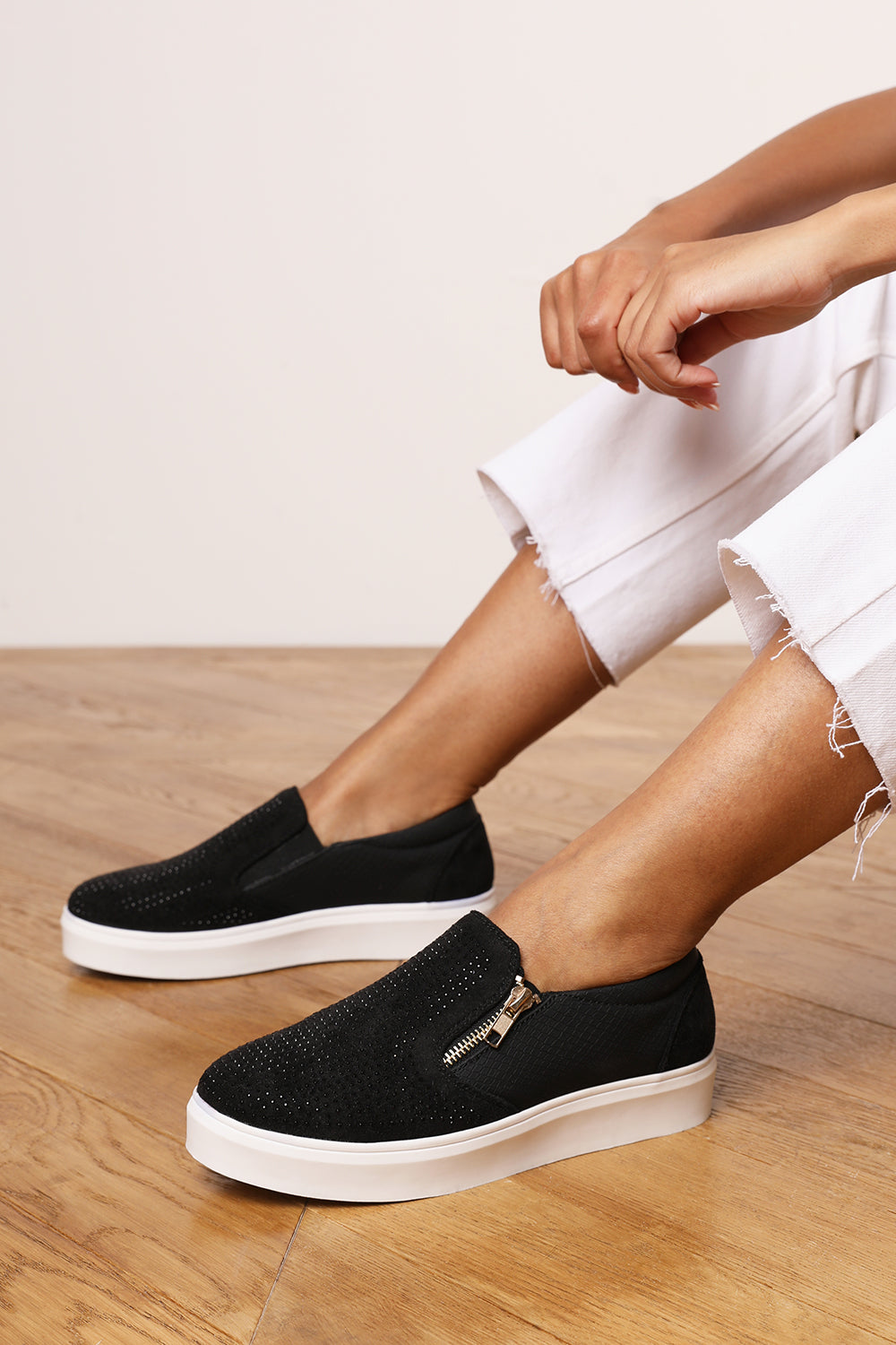 Florina Black Zip detail Trainer with Diamante Toe