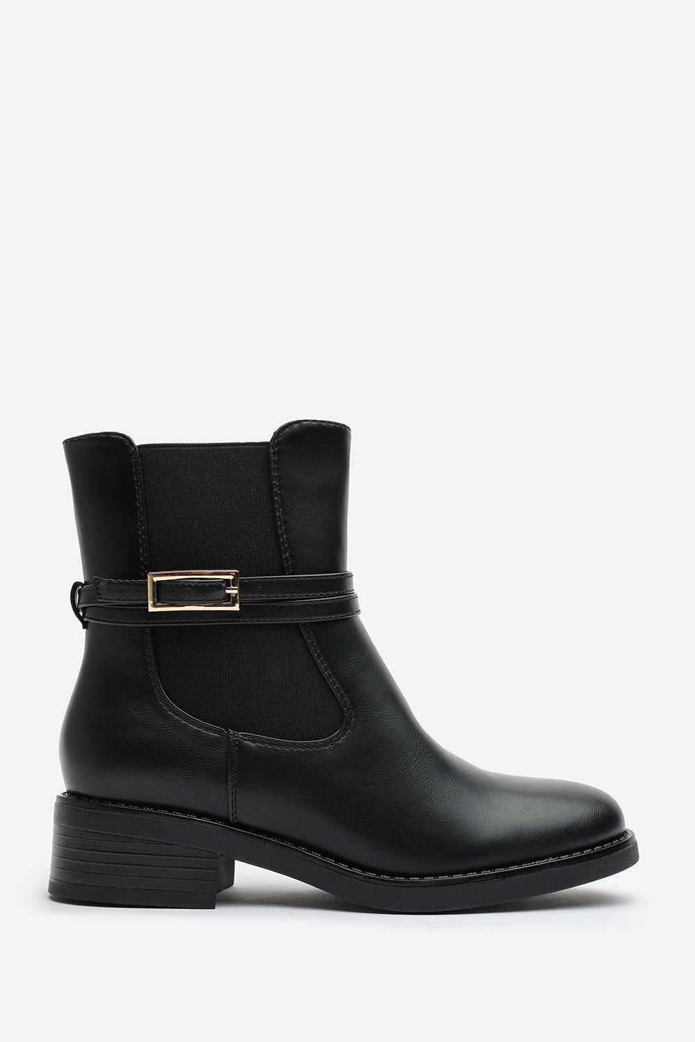 Haxine Black Chelsea Flat Ankle Boot With Gold Buckle Detail