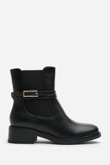 Haxine Black Chelsea Flat Ankle Boot With Gold Buckle Detail