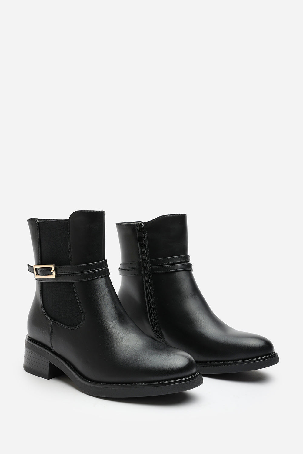 Haxine Black Chelsea Flat Ankle Boot With Gold Buckle Detail