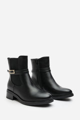 Haxine Black Chelsea Flat Ankle Boot With Gold Buckle Detail