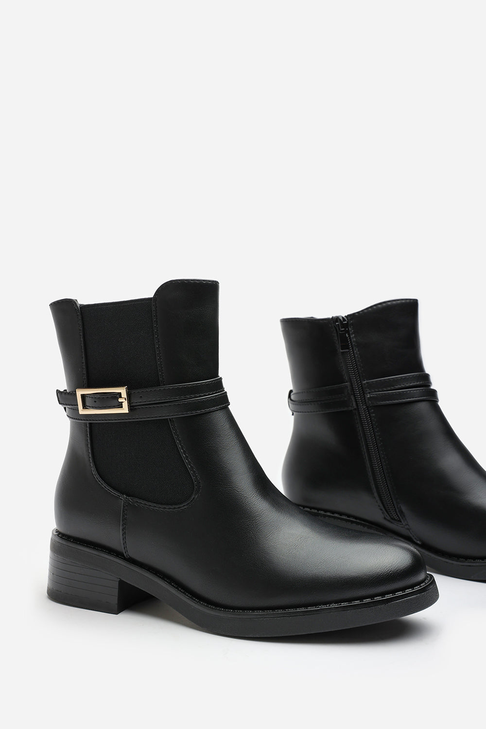 Haxine Black Chelsea Flat Ankle Boot With Gold Buckle Detail
