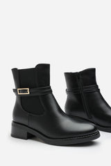 Haxine Black Chelsea Flat Ankle Boot With Gold Buckle Detail
