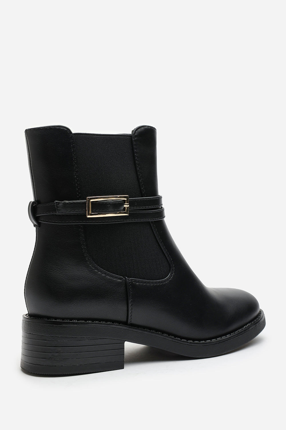 Haxine Black Chelsea Flat Ankle Boot With Gold Buckle Detail