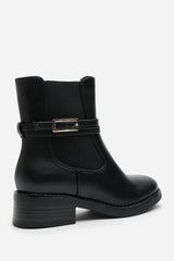 Haxine Black Chelsea Flat Ankle Boot With Gold Buckle Detail