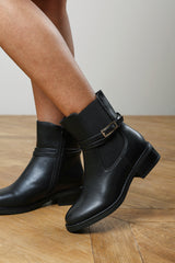 Haxine Black Chelsea Flat Ankle Boot With Gold Buckle Detail
