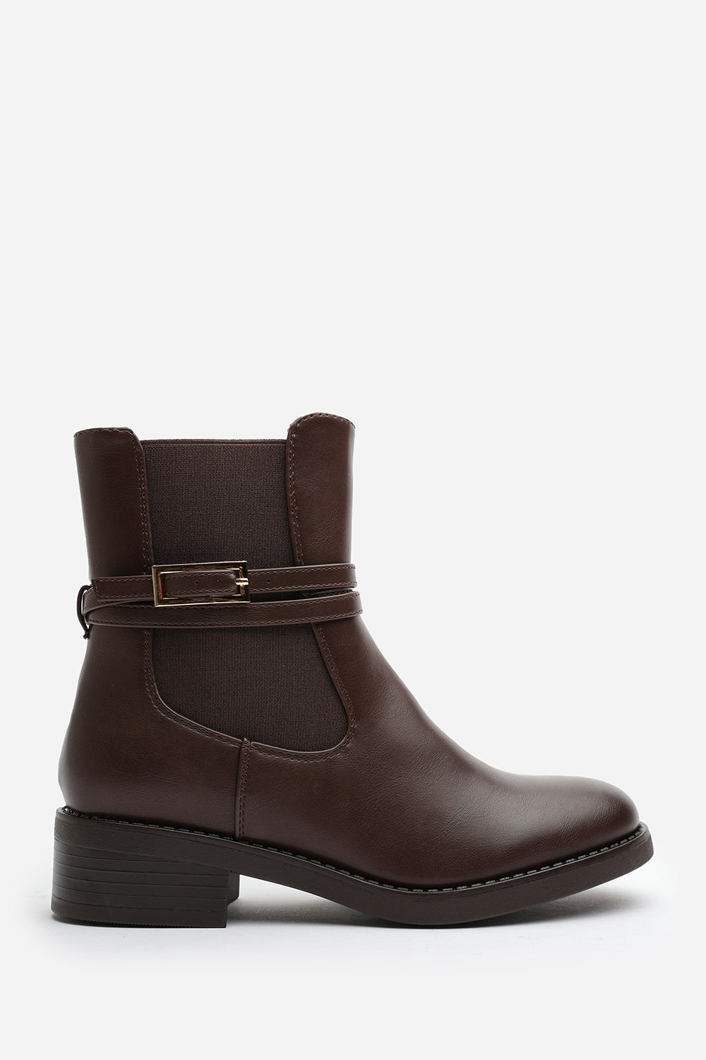 Quilla Ankle Boot with Gold Buckle Detail in Light Brown Faux Leather