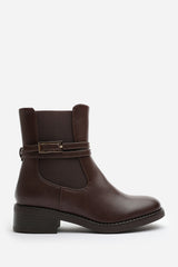 Quilla Ankle Boot with Gold Buckle Detail in Light Brown Faux Leather