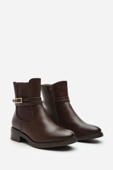 Quilla Ankle Boot with Gold Buckle Detail in Light Brown Faux Leather