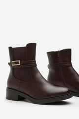 Haxine Brown Chelsea Flat Ankle Boot With Gold Buckle Detail