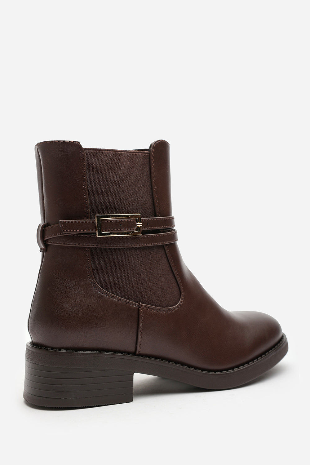 Haxine Brown Chelsea Flat Ankle Boot With Gold Buckle Detail