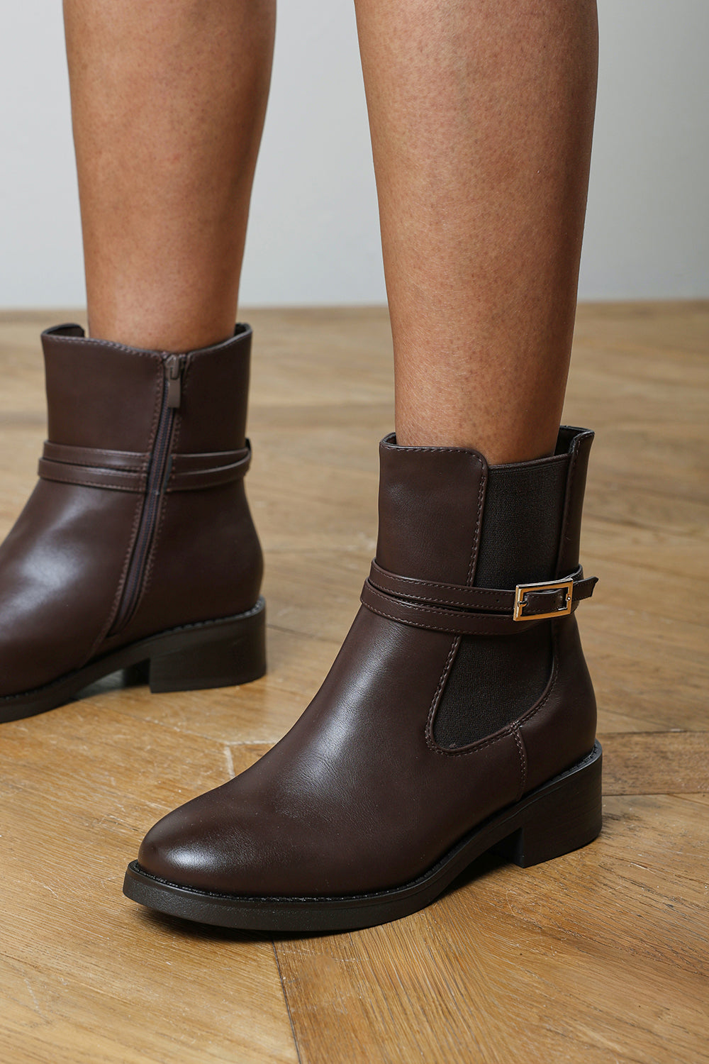 Haxine Brown Chelsea Flat Ankle Boot With Gold Buckle Detail