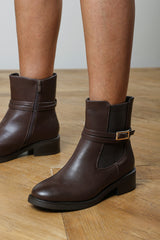 Haxine Brown Chelsea Flat Ankle Boot With Gold Buckle Detail